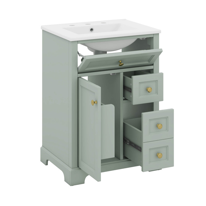 Meuble-lavabo de salle de bain avec lavabo 24 po, tiroir coulissant et support de porte, tablette réglable, tiroirs et porte à fermeture en douceur