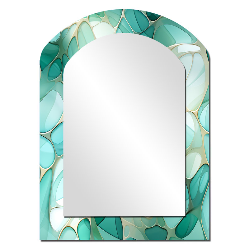 Quaeshia, verre de mer, mosaïque, motif côtier émeraude - miroir mural abstrait en arc, miroir décoratif asymétrique moderne, impression d'art en métal