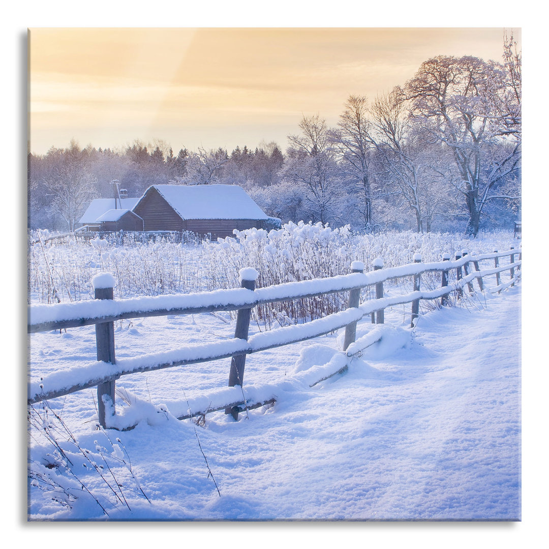 Glasbild Hütte im Schnee