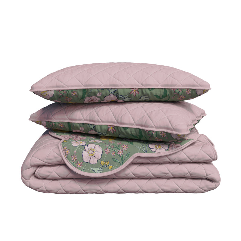 Reversible Floral Print Scallopeded Edge Cotton Quilt Set, Twin/Twin XL Quilt + 1 Sham