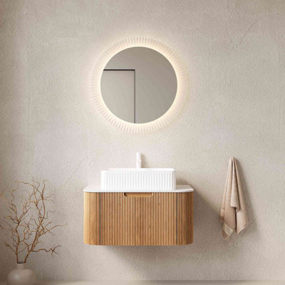 Meuble-lavabo de salle de bain avec lavabo, meuble de rangement mural à bords courbés et rayés avec 2 tiroirs, lavabo rectangulaire en céramique, sans robinet, pré-assemblé