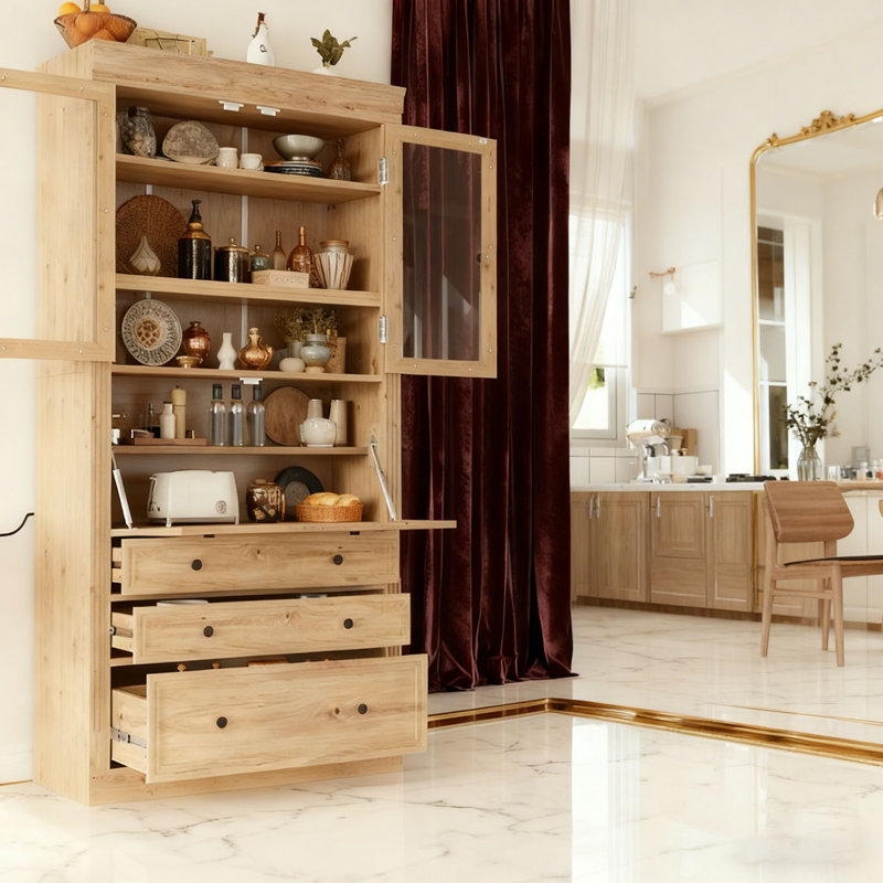 Armoire de rangement sur pied 78 po, armoire multifonctionnelle à 3 tiroirs, tablettes réglables et prise de courant, Naturel