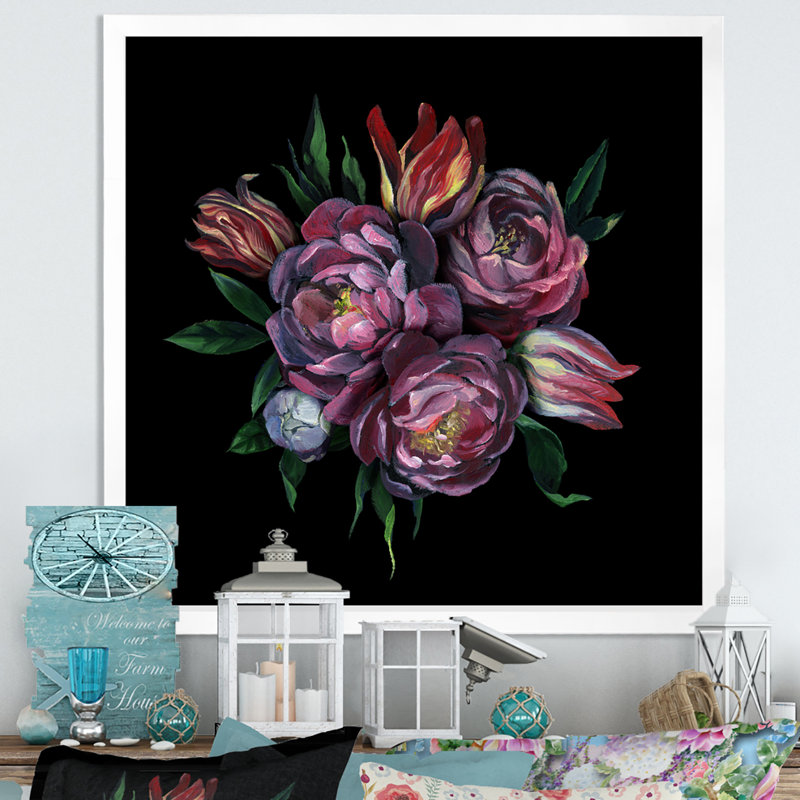 Bouquet pastel mauve et rose, H 36 po x l 36 po x P 1,5 po, Toile blanche avec cadre photo