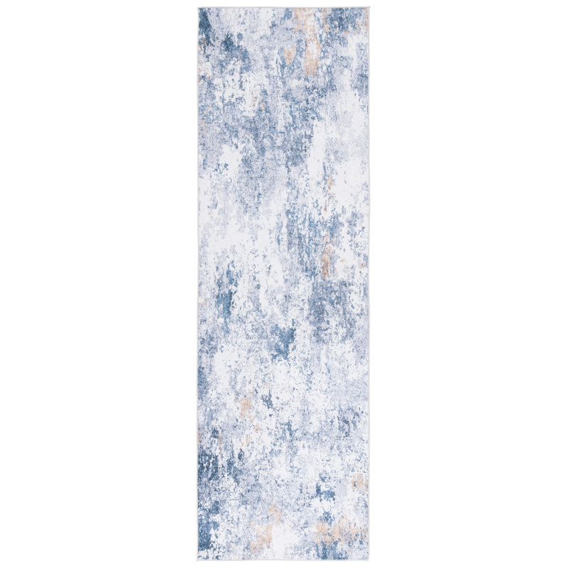 Tapis bleu / ivoire en polyester tissé à la machine Sumentra, Tapis de couloir 2 pi 6 po x 8 pi