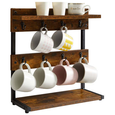 Rustic Coffee Mug Holder Stand, 2 Tier Countertop Mug Tree Holder Rack With Storage Base, Vintage Mug Holders For Kitchen, Holds 8 Mugs, Rustic Brown