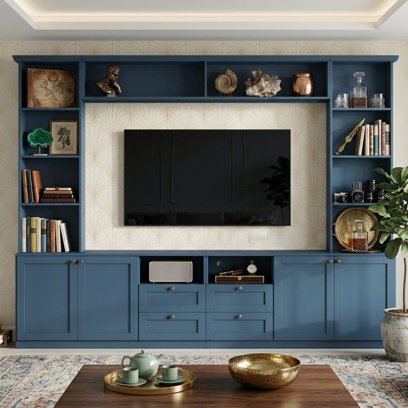 Meuble télé mural de style ferme moderne de 102,3 pouces avec console et étagères réglables, meuble télé intégré avec 4 tiroirs et placards latéraux pour téléviseurs jusqu'à 70 pouces.