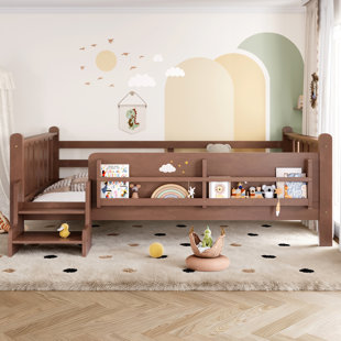 Beige Twin Floor Bed with Storage Bookcases Stairs Guardrails Kids Wood Platform Bed Space Saver