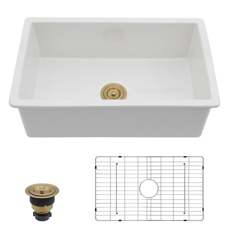 30" L x 18" W Ceramic Undermount Single Bowl Kitchen Sink, Single Bowl, 10" H x 30" L x 18" W