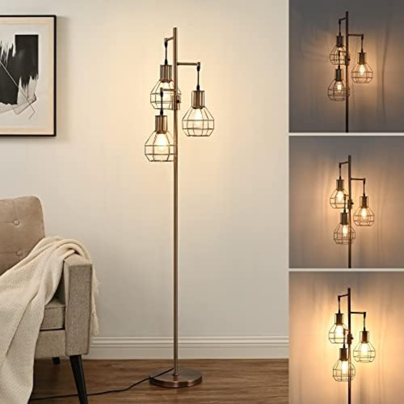 Dimmable Industrial Floor Lamp, Farmhouse Standing Lamp For Living Room, Bedroom, 3 LED Edsion Bulbs Included, Rotary Switch, 65In Rustic Tree Reading Lamps For Study Room, Office - Brown