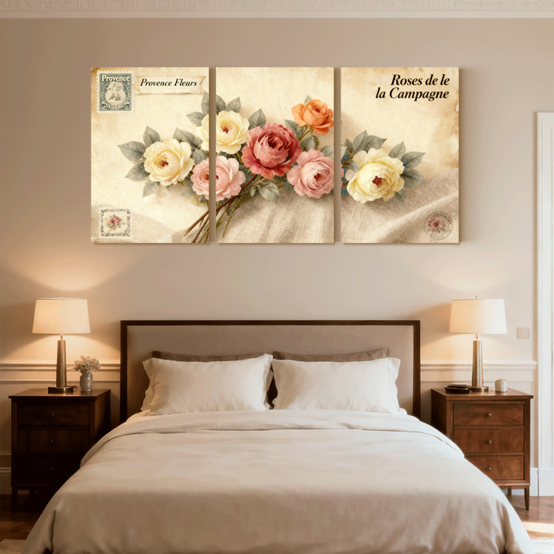 «Rose Provence Roses», ensemble de 3 reproductions d'art sur toile, H 24 po x l 48 po