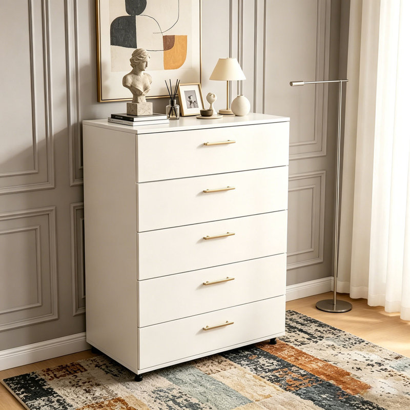 Commode blanche à 5 tiroirs avec poignées