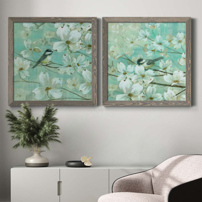 Mésanges et cornouiller - détail I - ensemble de 2 peintures sur toile encadrées
