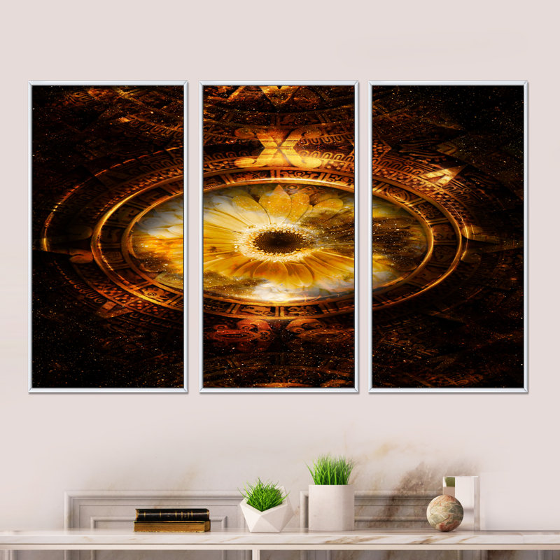 Ancien calendrier maya collage - ensemble de 3 reproductions sur toile, H 32 po x l 48 po x P 1 po, Cadre blanc
