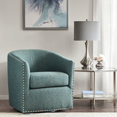 Chaise pivotante pour téléviseur: 360 degrés, support de 300 lb, bleu sarcelle avec accents indigo / or, bois massif et métal, coussin en mousse haute densité, chaise à garniture cloutée, poids maximal, contreplaqué de velours or indigo