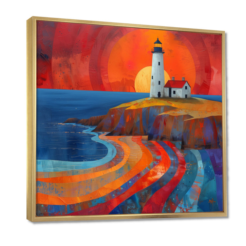 Reproduction d'art mural orange, phare côtier bleu, coucher de soleil I, Cadre flottant doré, H 36 po x l 36 po x P 1,5 po