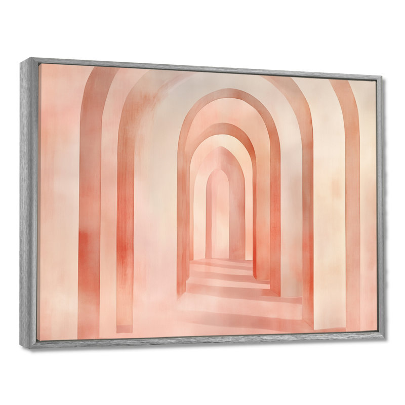 «Blush Arch Glow II» - art mural géométrique rose, H 34 po x l 44 po, Encadrement argenté
