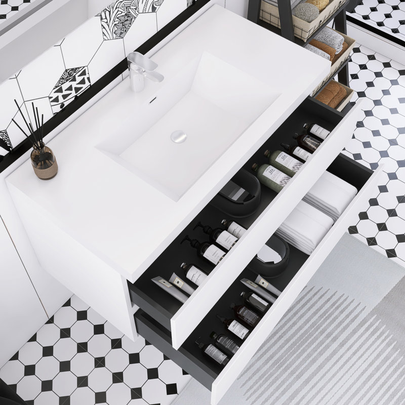 Meuble-lavabo mural simple avec plateau en résine, 42", Blanc lustré