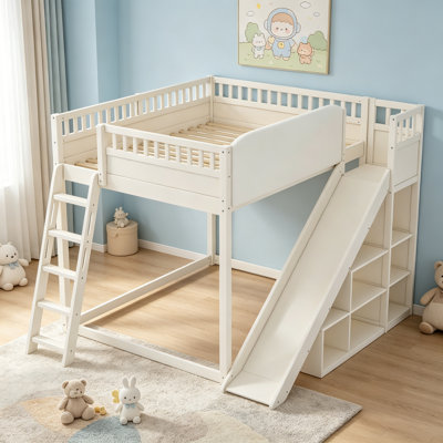 Queen Size Loft Bed With Upholstered Headboard And Storage Shelves, Complete With Ladder And Slide, Beige