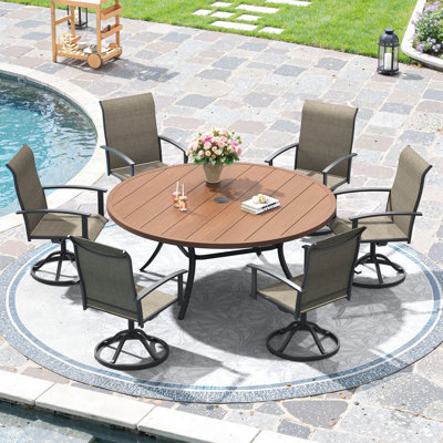 6-Person Outdoor Patio Dining Set with 53" Round Dining Table and 6 Swivel PVC-coated polyester Chairs