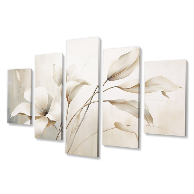 White Botanical Elegance III - Décoration murale botanique abstraite - 5 panneaux