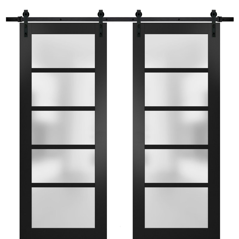 Portes de grange en verre givré Quadro avec trousse de quincaillerie d'installation, Noir, noir, noir, noir, Noir mat