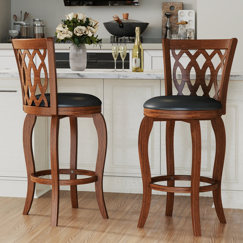 Tabouret pivotant rembourré avec structure en bois massif, Brun, Tabouret de bar (siège d'une hauteur de 29 po)