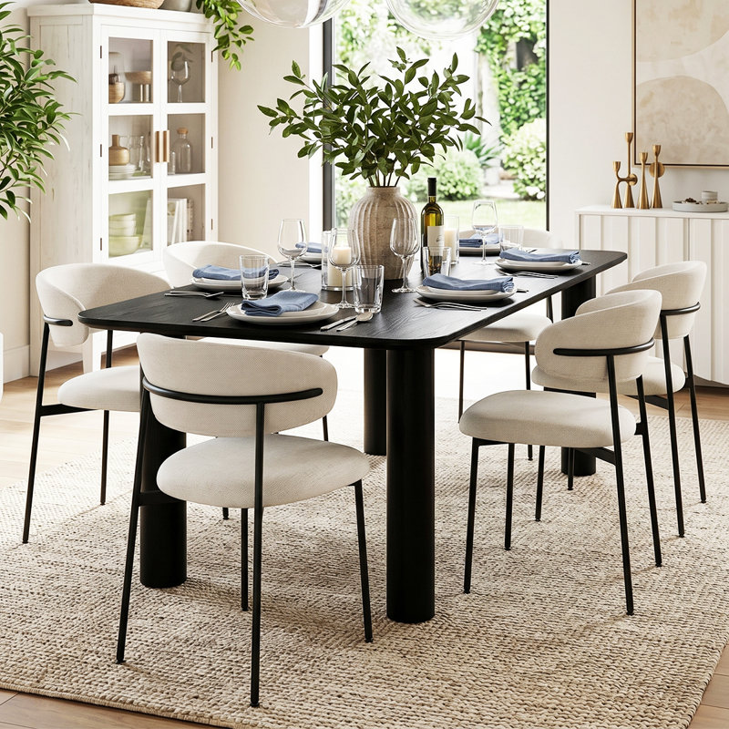 Modern 7-Piece Dining Set With Rectangular Wood Table And Upholstered Curved Back Chairs, Santi Beige