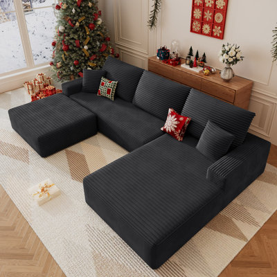 Canapé modulaire en forme de U 107 po avec velours côtelé moelleux et sièges en mousse à mémoire de forme profonde avec 1 repose-pieds pour le salon, aucun assemblage requis (blanc