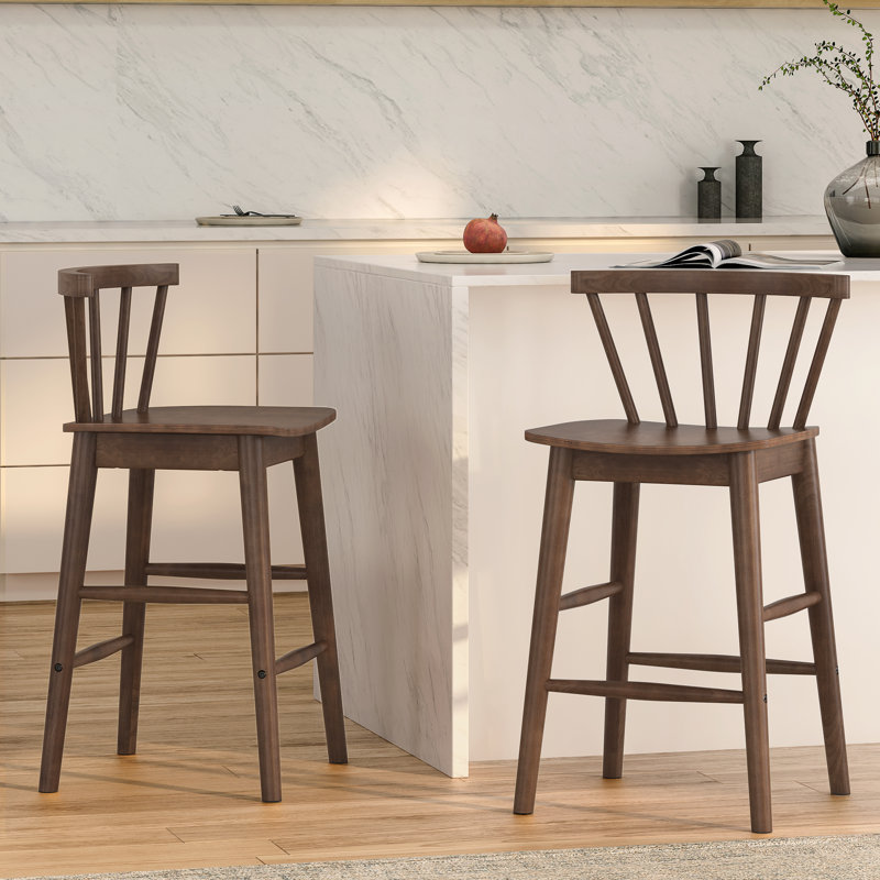 Tabouret de comptoir moderne en bois massif de 24 po, tabourets pour îlot de cuisine avec dossier, Brun, 2