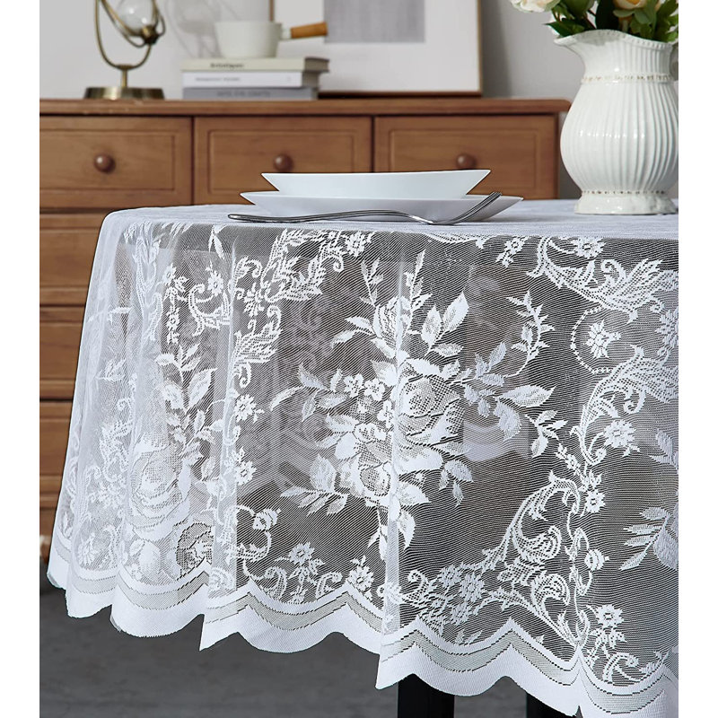 Lace Round Tablecloth With English Rose Design, 70" W x 70" L, White