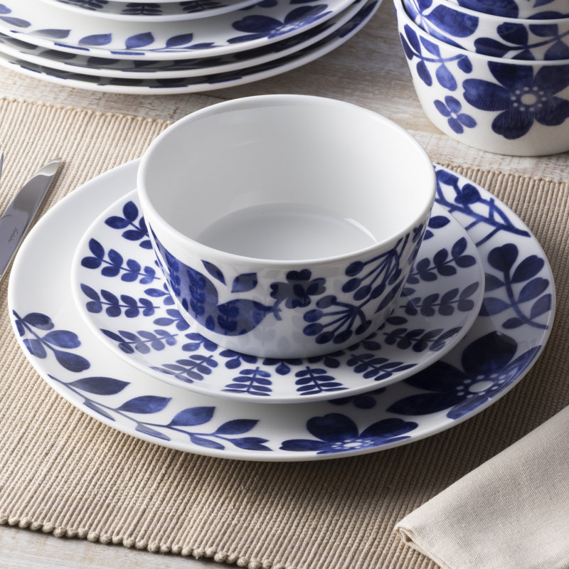 Blue and White Floral Porcelain 12-Piece Dinnerware Set