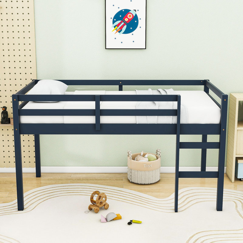 Twin Wood Low Loft Bed With Ladder And Guardrails, Blue