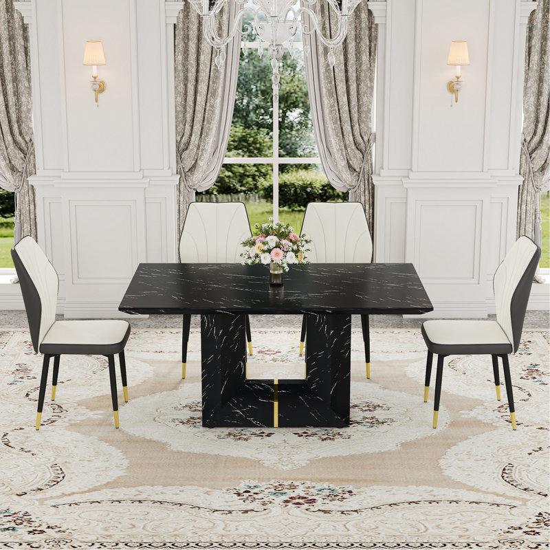 Ensemble de table et de chaises. Ensemble de salle à manger en panneau de fibres à densité moyenne à motif de marbre noir - 63 po x 35,4 po avec 4 chaises en polyuréthane épissé blanc et gris foncé avec un dossier élargi.