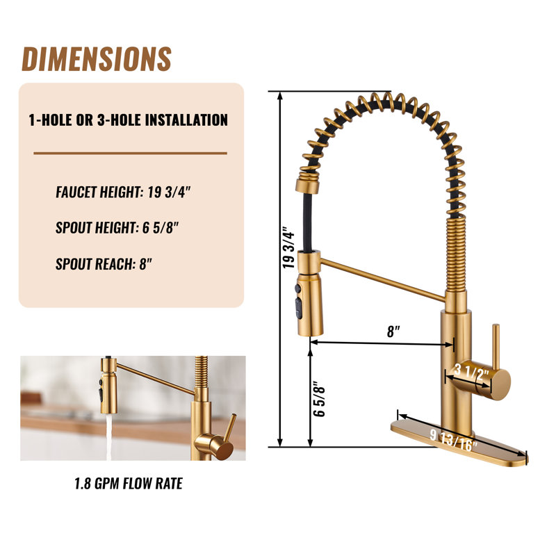 Robinet de cuisine à bec rétractable à ressort 1,8 GPM avec plaque de pont Bolden, Or brossé