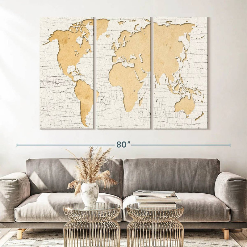 «World Map Beige World Map», reproduction sur toile 3 pièces par Jorge S, H 42 po x l 65 po x P 1,25 po