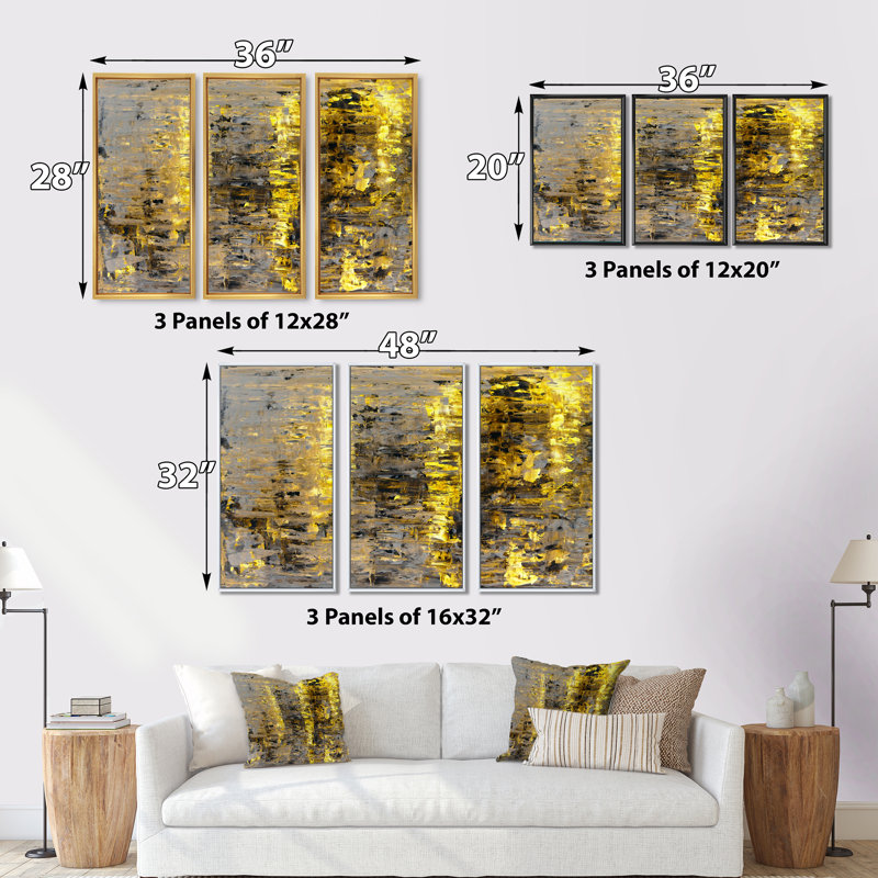 «Yellow Meets Gray Abstract Art II», ensemble d'art mural moderne sur toile encadrée 3