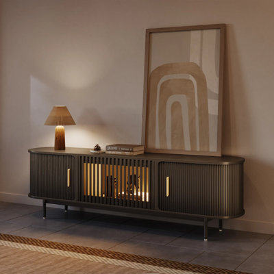 Meuble télé Mid-Century moderne à portes tambour avec lumières DEL, entièrement assemblé