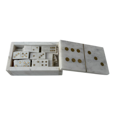 Decorative Marble Dominoes Game Set in Gift Box for Family Game Night - Classic Living Room Decor Accent for Coffee Table or Home Decor - 7", White & Gold