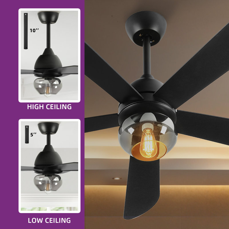 Modern 52" Ceiling Fan With Light And Remote, Black, Black