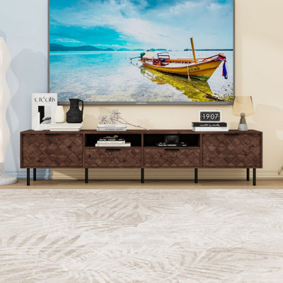 Meuble télé contemporain pour téléviseur de 85 po ou moins avec texture en diamant, rangement à fermeture en douceur et pieds en métal