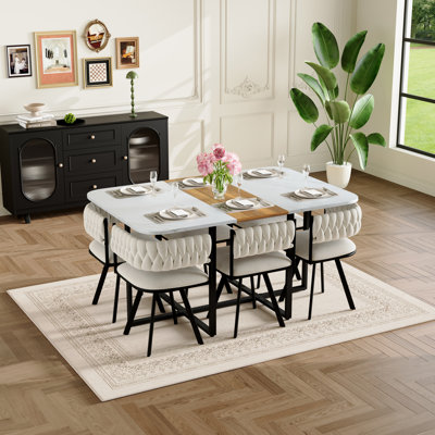 Ensemble de table de salle à manger 7 pièces rectangulaire, plateau de table fixe en faux marbre blanc et grain de bois avec 6 chaises en velours beige, ensemble de table de cuisine moderne pour 6 personnes, idéal pour les petits espaces, appartement