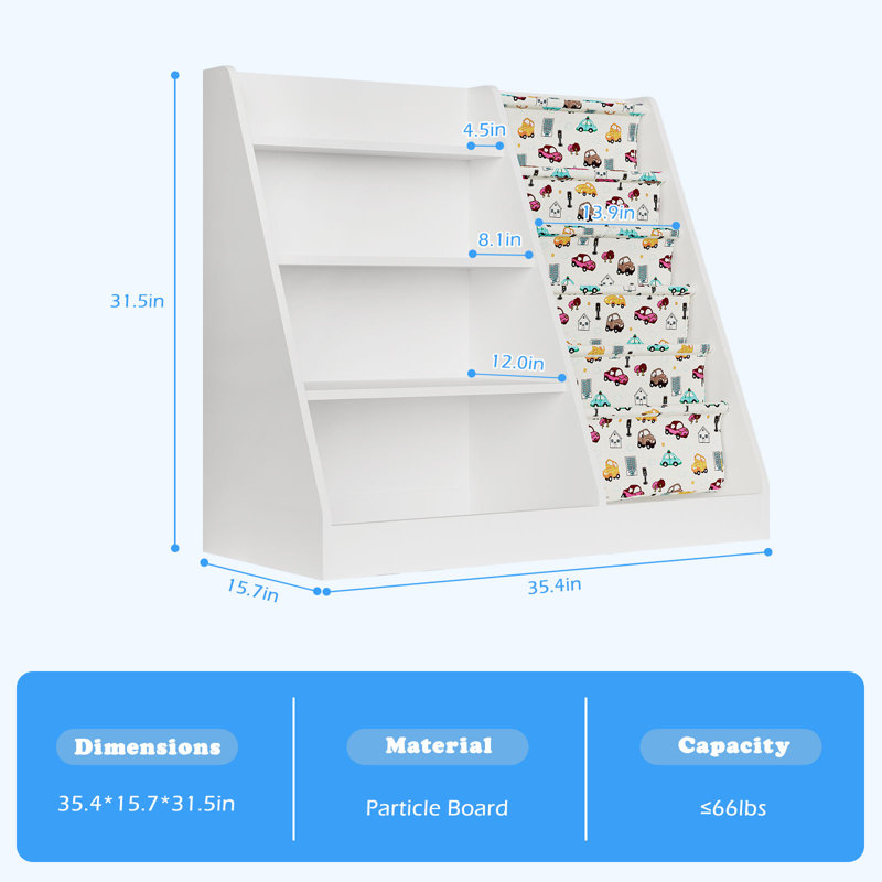 Bibliothèque pour enfants Maggiorina, étagère à livres, armoire de rangement, présentoir à livres, Blanc