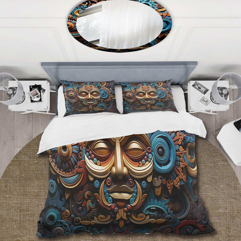 Teal Gold Mexico Vibrant Aztec Mask I - Ensemble de housse de couette Paysages - Microfibre de polyester