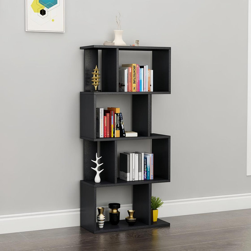 Bibliothèque polyvalente en forme de S avec tablette de rangement à 4 niveaux, idéale pour exposer et ranger votre décor