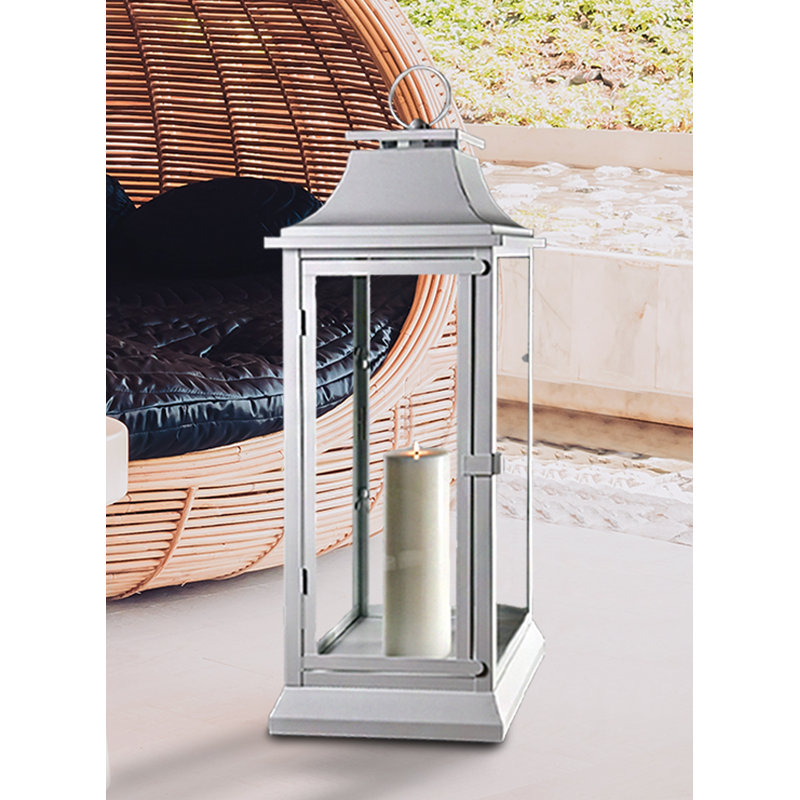 Metal and Glass Outdoor Floor Lantern, 27.5" H x 9.5" W x 9.5" D, White