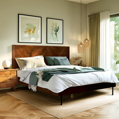 Structure de lit en bois massif avec tête de lit, motif fabriqué à la main, mobilier de chambre à coucher scandinave à finition noyer capacité de 800 lb