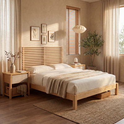 Cadre de lit plateforme Queen Size en bois massif de qualité supérieure avec tête de lit à lattes horizontales, mobilier de chambre en bois naturel, aucun sommier requis, compatible avec tous les matelas