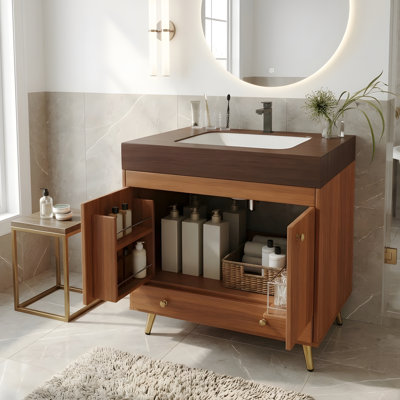 Contemporary Free-standing Bathroom Vanity with Faux Marble Top & Ceramic Sink