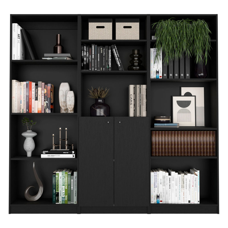 Salon 3 pièces avec bibliothèques noires - rangement fonctionnel et moderne avec 3 portes polyvalentes pour l'organisation de la vie privée