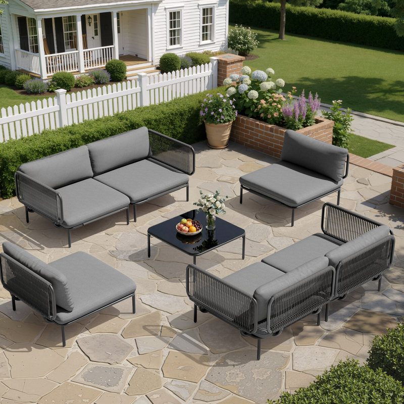 6 Person Modular Outdoor Patio Conversation Sets, Gray Cushion/Black Frame